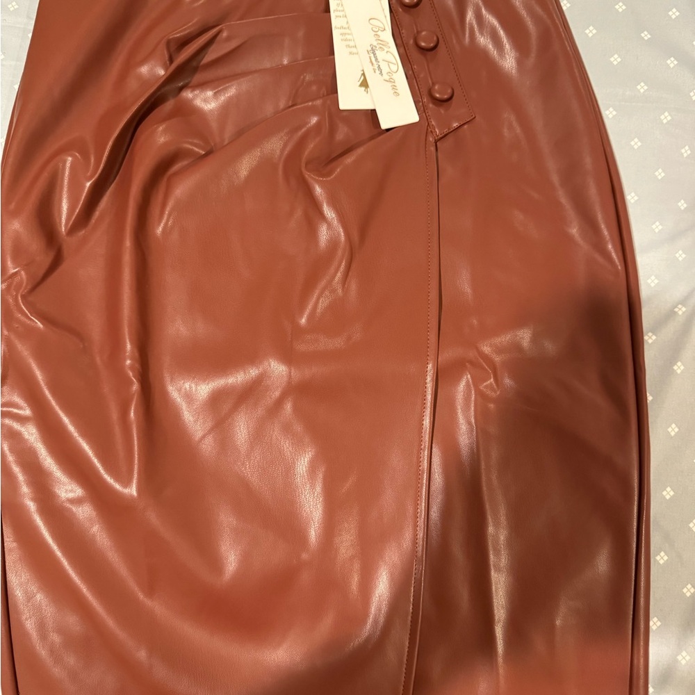 Women’s Brown Faux Leather Midi Pencil Skirt with Front Slit - Picture 2 of 6